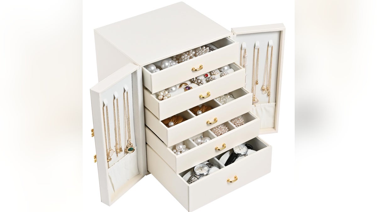 This five-layer jewelry box offers ample space for extensive jewelry collections.