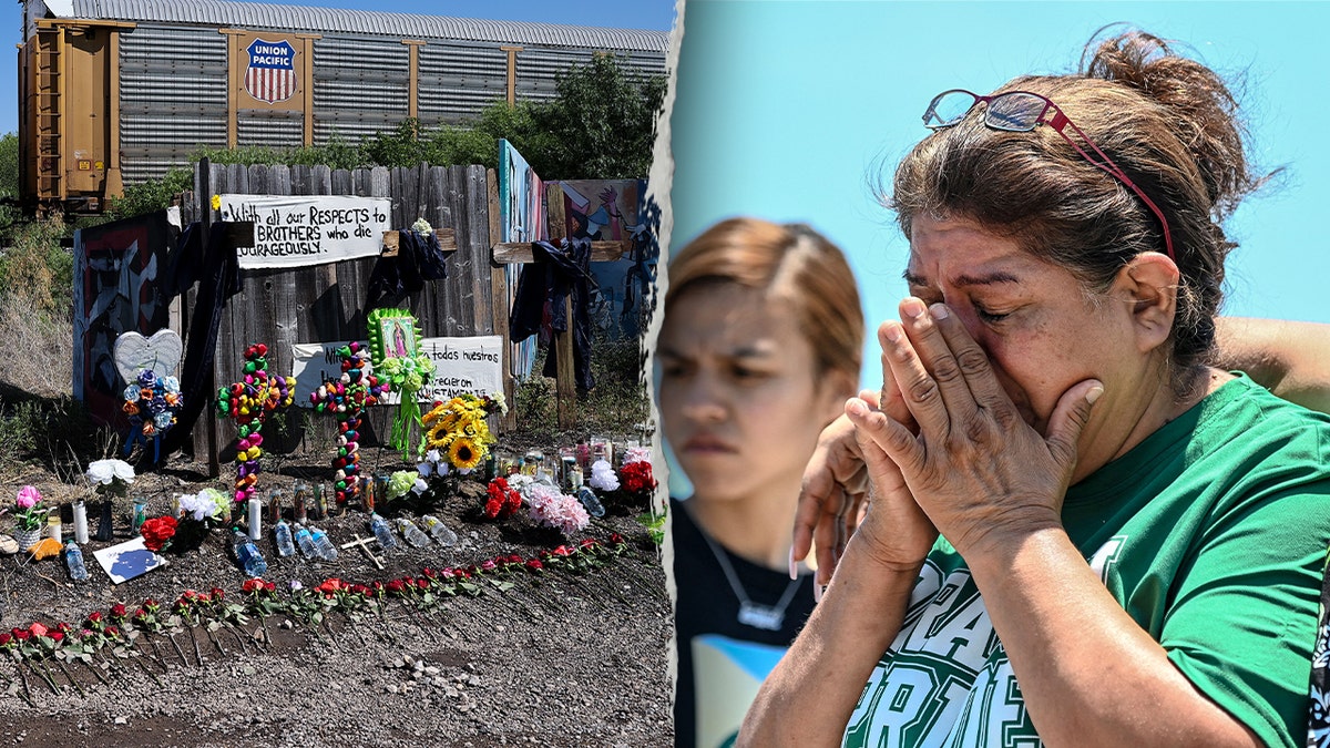 A memorial for dead migrants and a woman crying.
