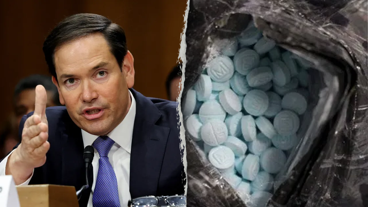 Sec. of State Marco Rubio and fentanyl seized by U.S. Customs and Border Protection.