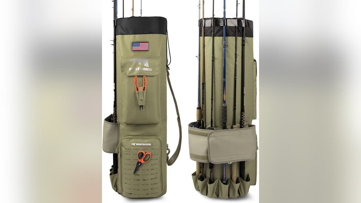 Your dad can store or carry all his fishing poles in one place with this bag.?