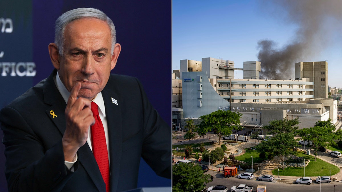 Left: Israeli Prime Minister Benjamin Netanyahu; Right: Smoke emanates from a building at Soroka Hospital in Beersheba in southern Israel following an Iranian missile attack, on June 19, 2025