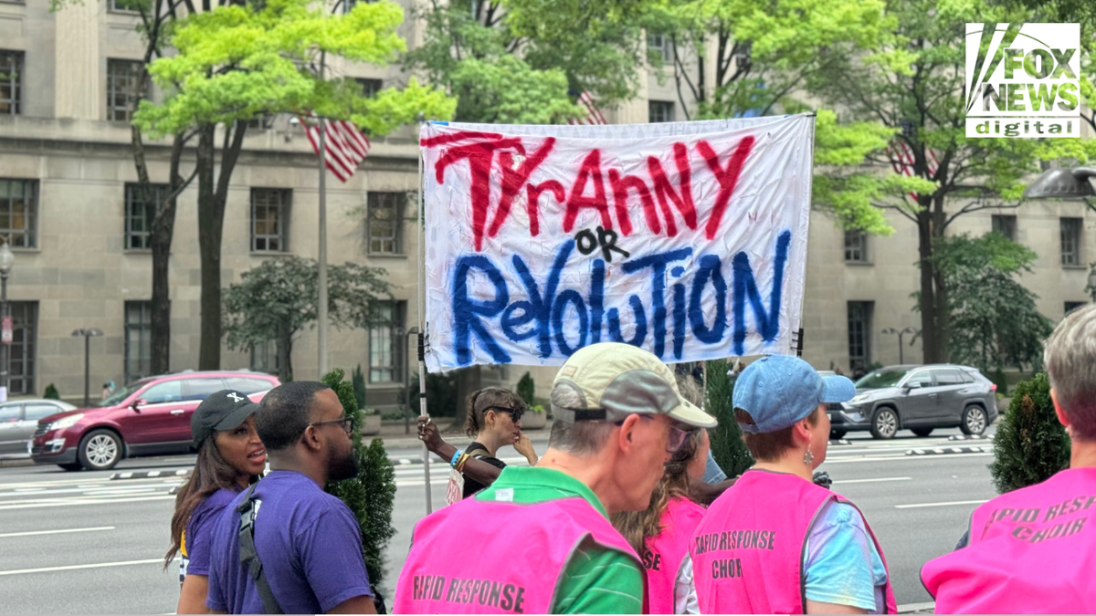 Protesters march extracurricular a national gathering successful Washington, D.C., holding a banner that reads "Tyranny oregon Revolution" during a governmental demonstration. Some deterioration pinkish "Rapid Response Choir" vests.