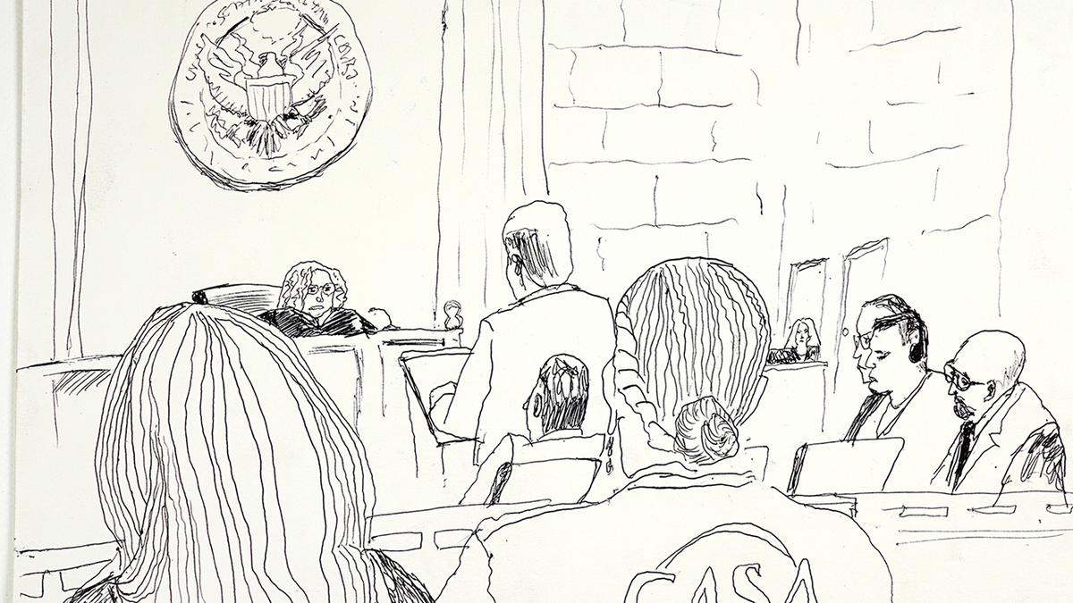 Pen sketch of the federal courtroom