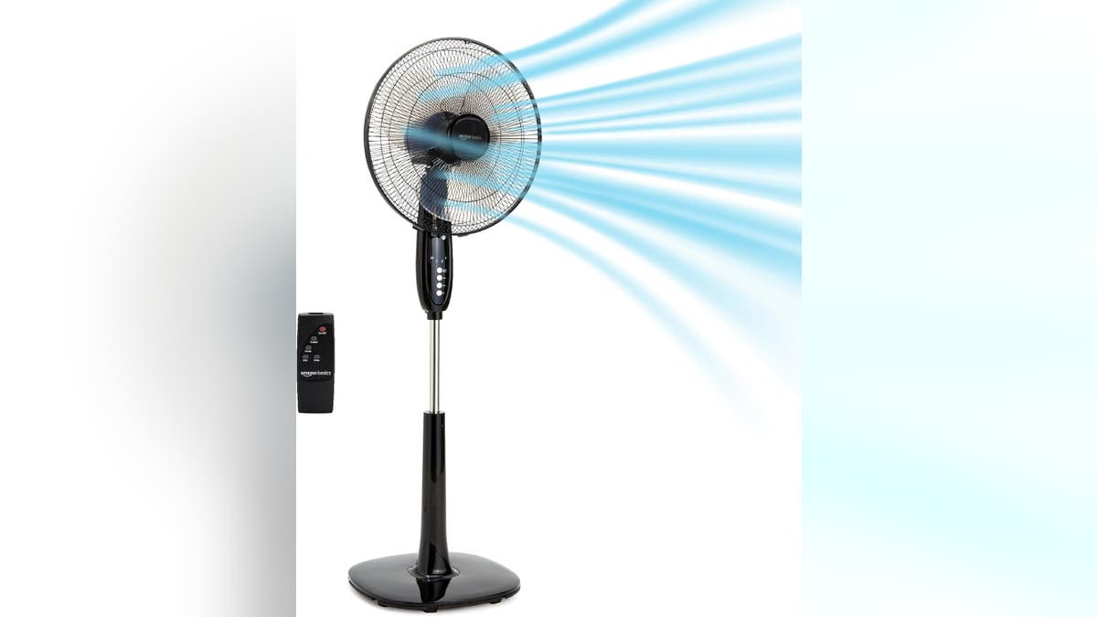 This pedestal fan circulates air in spaces like living rooms, kitchens and offices.