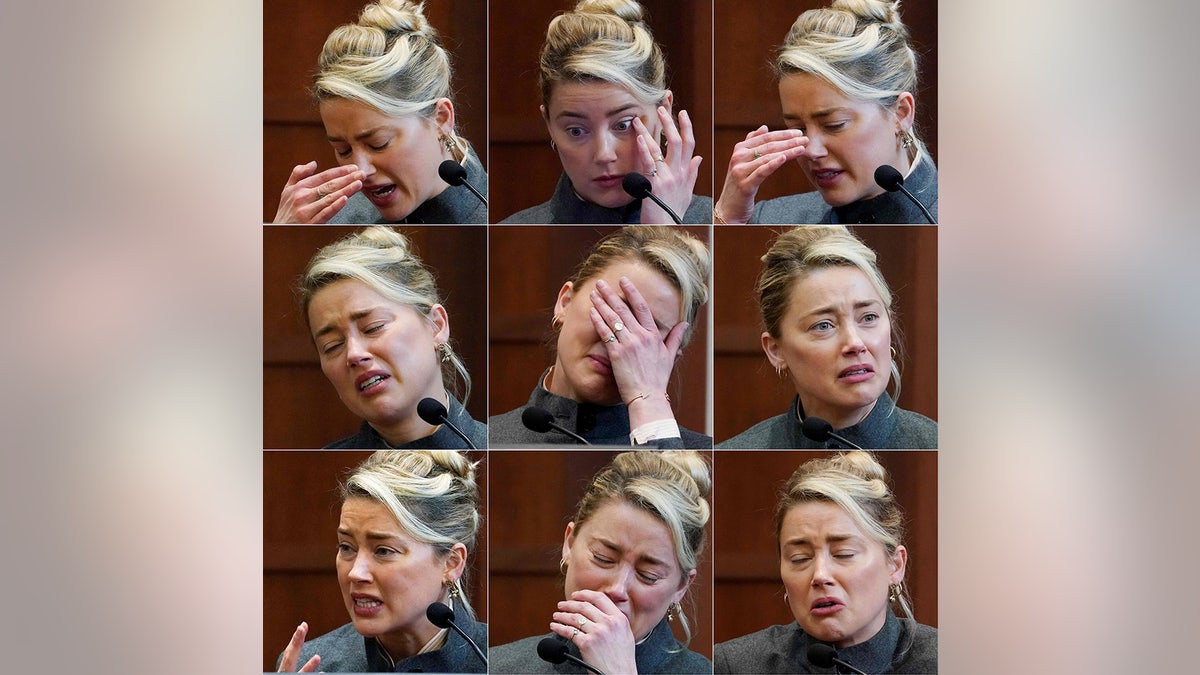A composite photo of Amber Heard reacting in court.