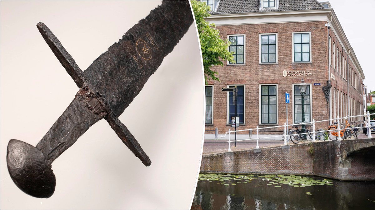 Split image of sword's handle and the Rijksmuseum exteriors