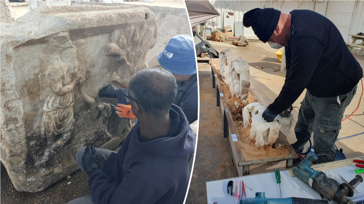 Split image archaeologists working near sarcophagus