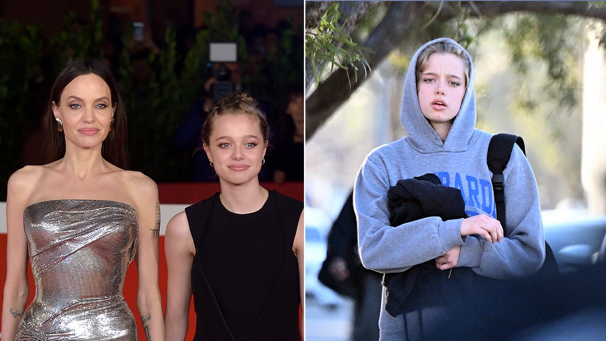 A split of Angelina Jolie and Shiloh at a premiere and Shiloh in a hoodie.