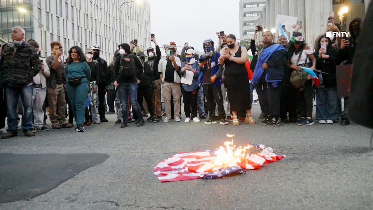 Rioters burning American flag in Los Angeles