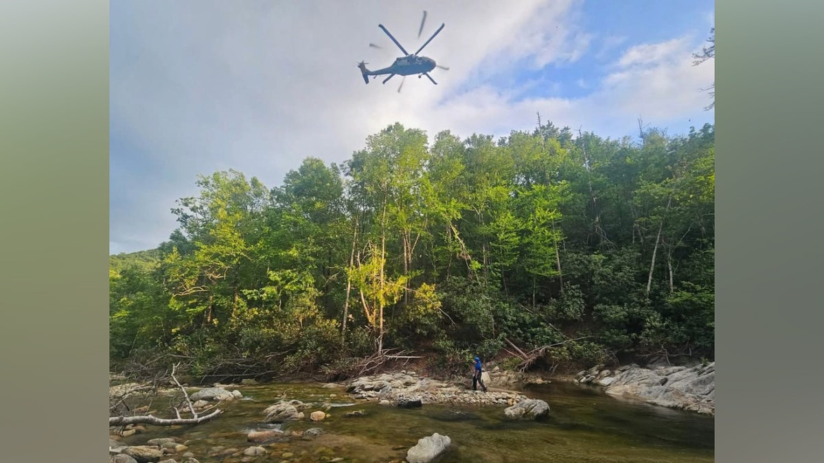 A Black Hawk helicopter flies over a wooded area in Avery County, NC, to rescue a snake bite victim