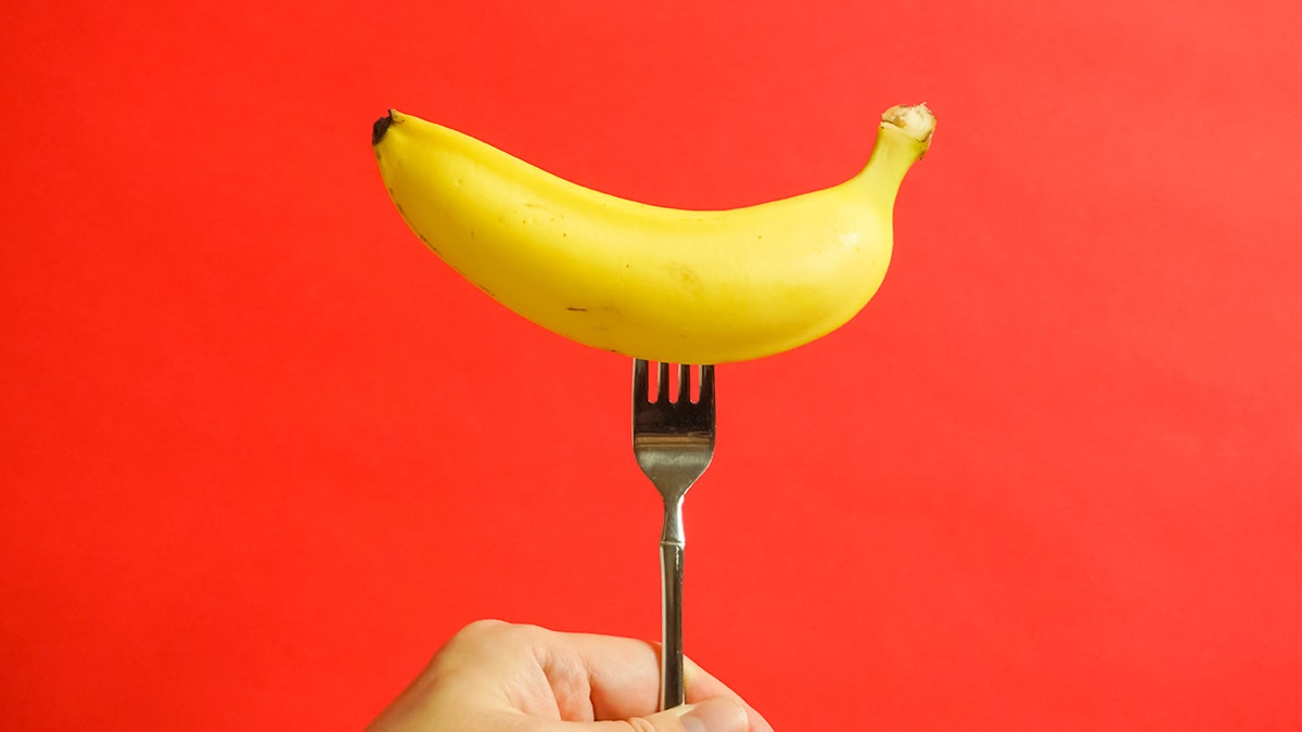 A manus holds a fork sticking into a banana successful beforehand of a agleam reddish background.