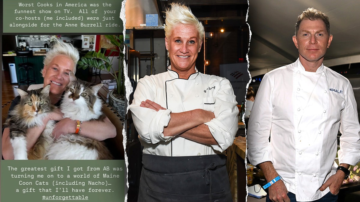Bobby Flay tribute to Anne Burrell holding her Maine Coon cats in social media post, Anne Burrell poses in kitchen for photo and Bobby Flay in a chef's uniform split image