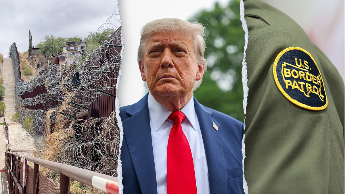 borderline partition (left), Trump (center), Border Patrol spot (right)
