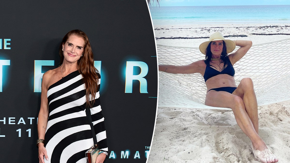 Brooke Shields on the red carpet split with her on the beach.