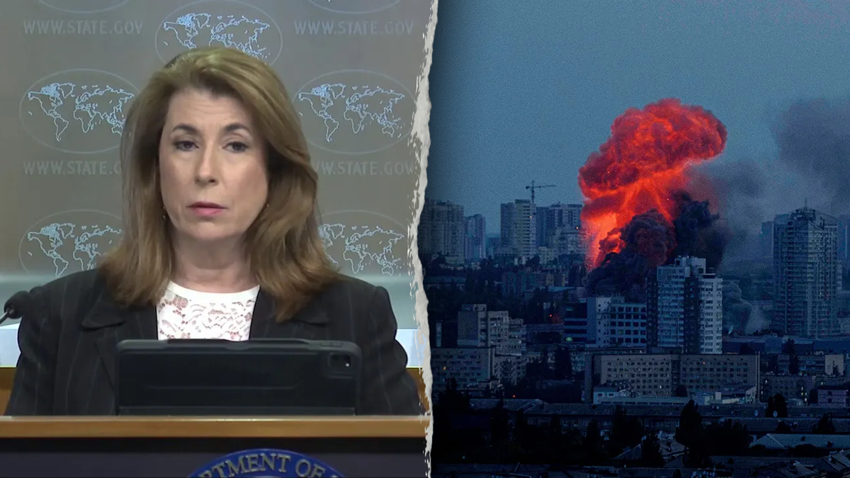 Left: U.S. State Department Spokesperson Tammy Bruce. Right: Explosion is seen after Russian air strike on Kyiv, Ukraine, on Friday, June 6, 2025.