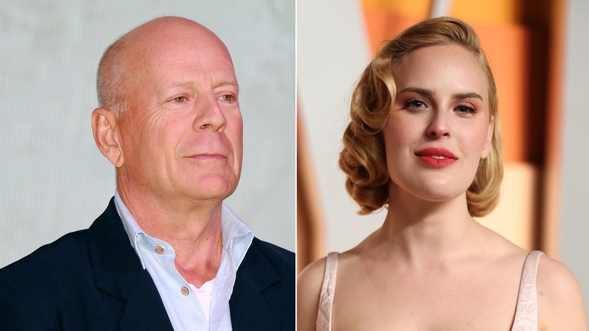 Bruce Willis smiles in blazer and blue shirt, Tallulah Willis wears nude dress on red carpet.