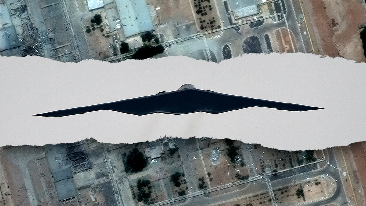 B2 stealth bombers juxtaposed over satellite imagery of Iran nuclear facility