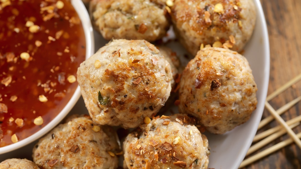Close-up of Thai-style chicken meatballs