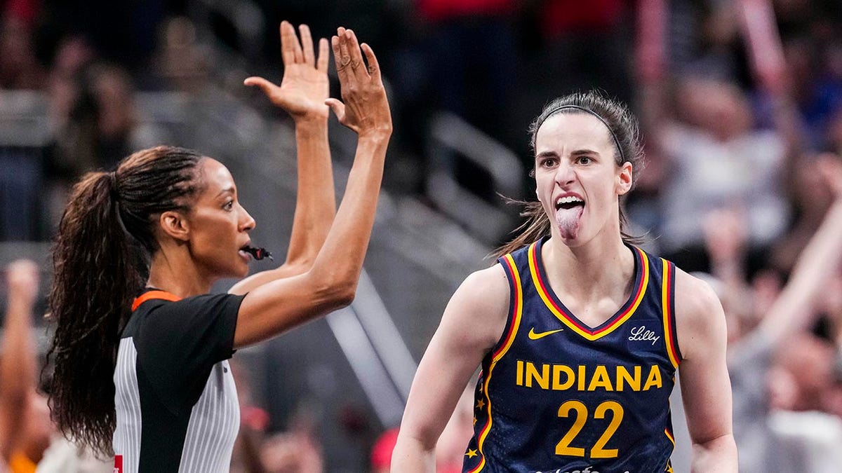 Caitlin Clark sticks her tongue out