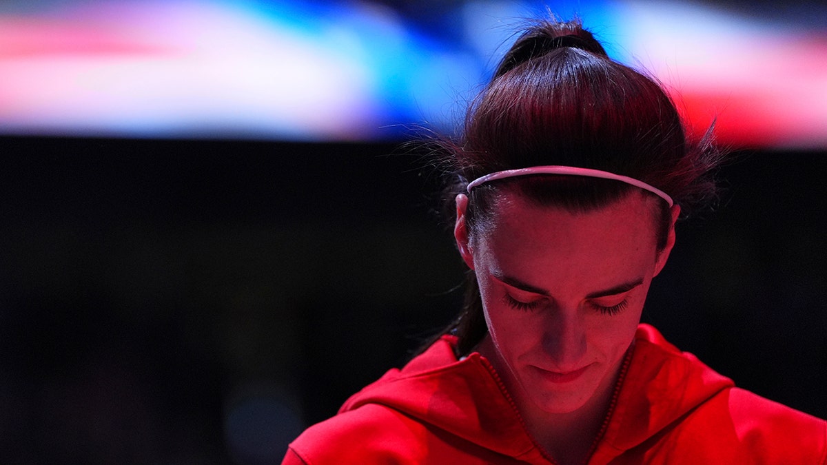 Caitlin Clark during the national anthem