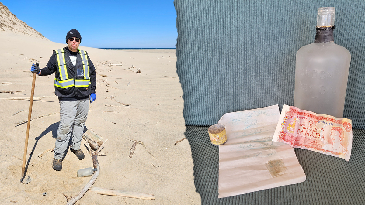 Split image of Mark Douchette, recovered bottle