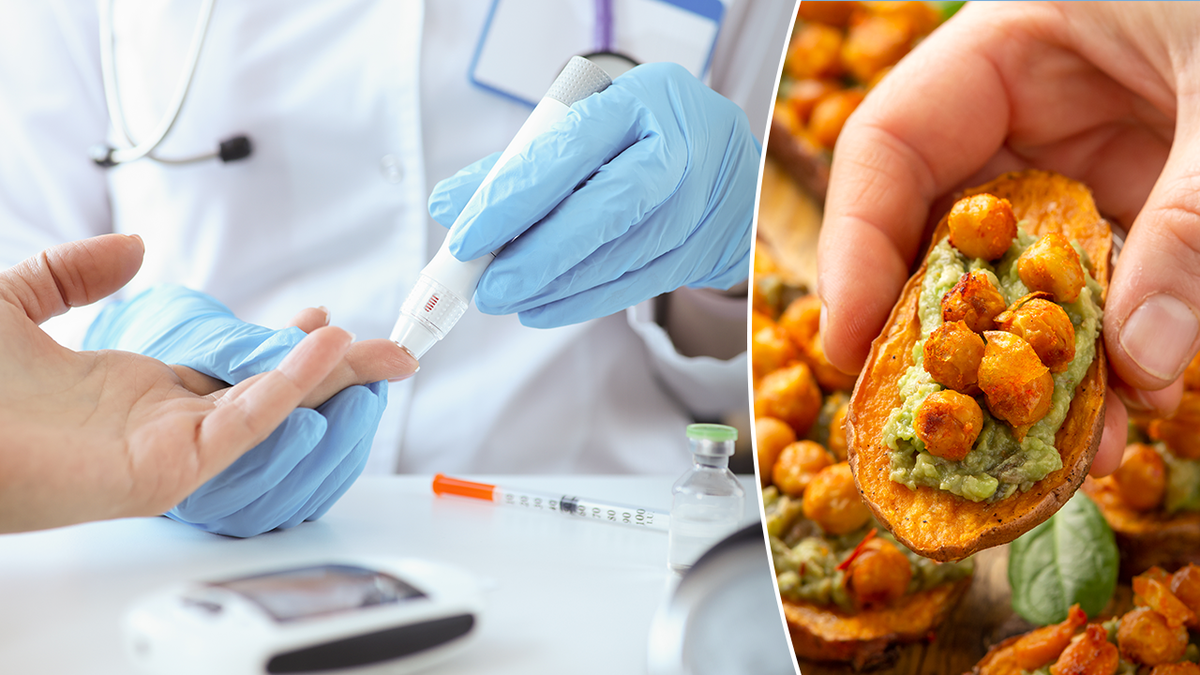 Split image of cholesterol test, chickpeas