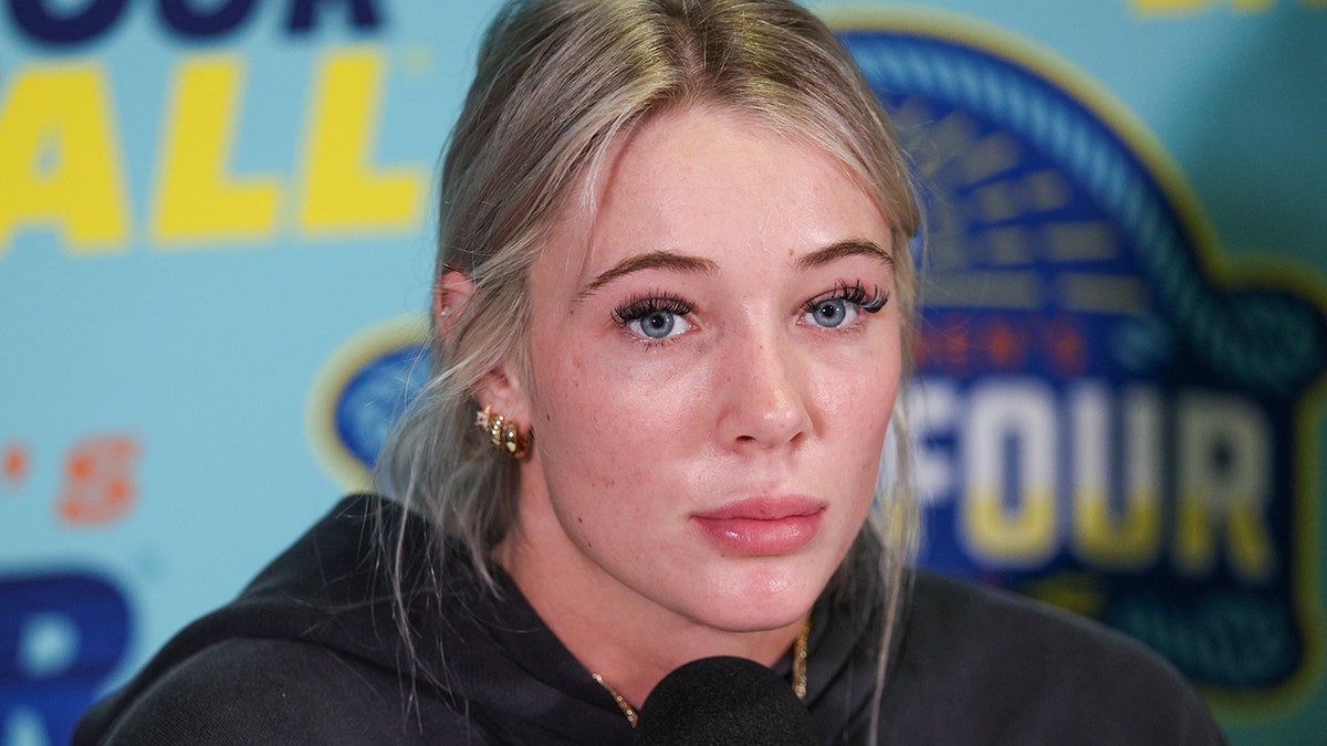 Chloe Kitts talks to reporters astatine the 2025 Final Four