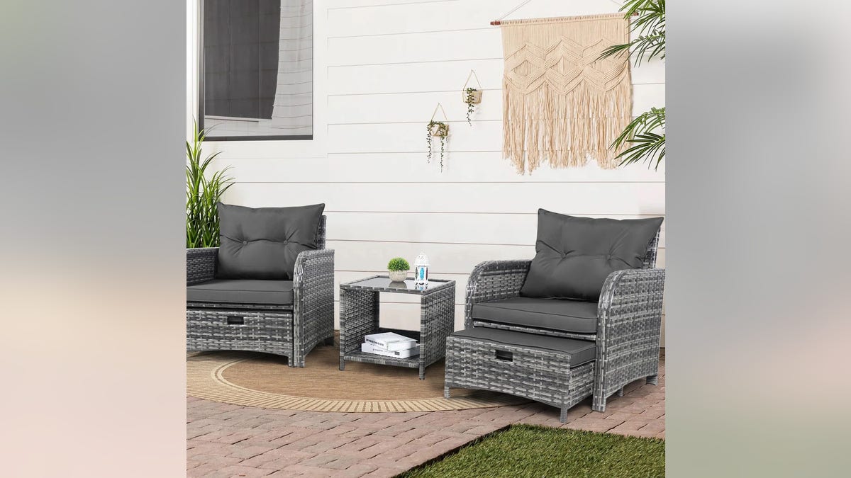 Update a small patio space with this set of all-weather chairs and ottoman.