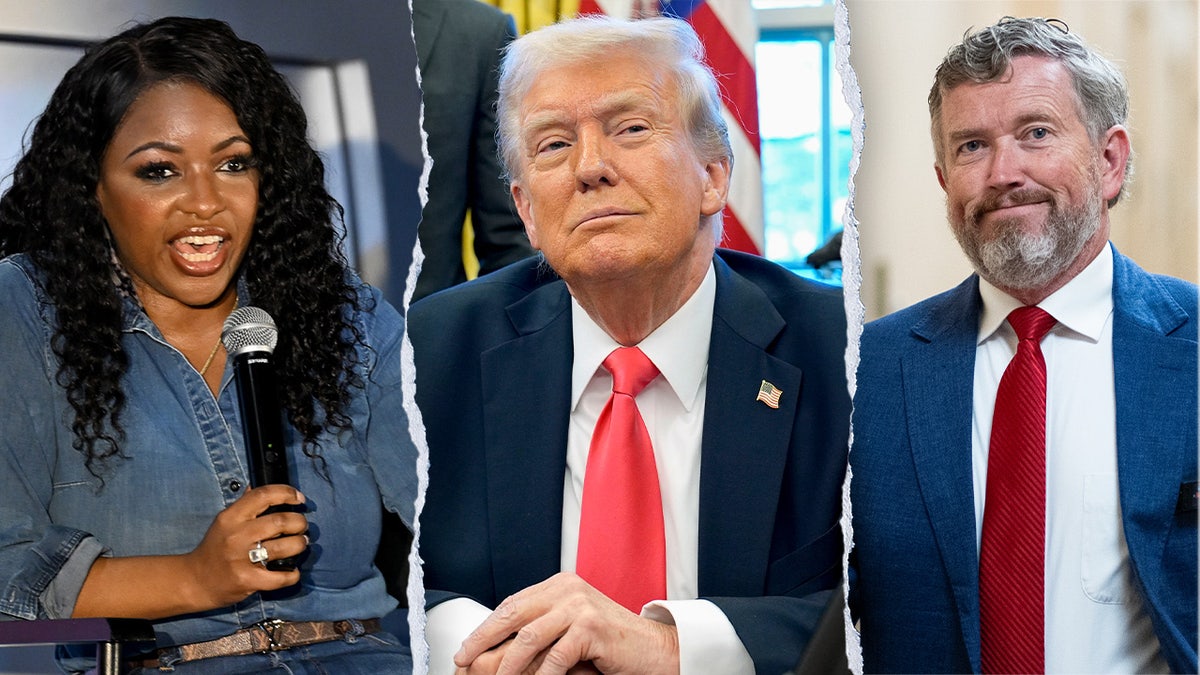 Jasmine Crockett holding a microphone, Donald Trump wearing a red tie while sitting in the Oval Office and Thomas Massie smiling split images