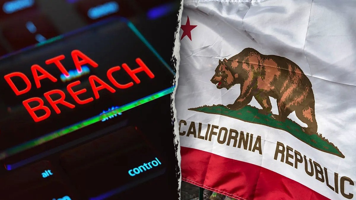 data breach sign, left; California flag, right
