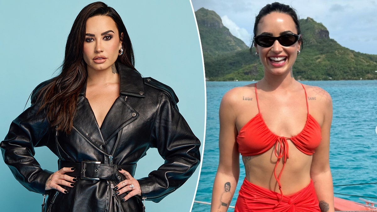 Demi Lovato in a leather jacket split with Lovato in a red bikini.