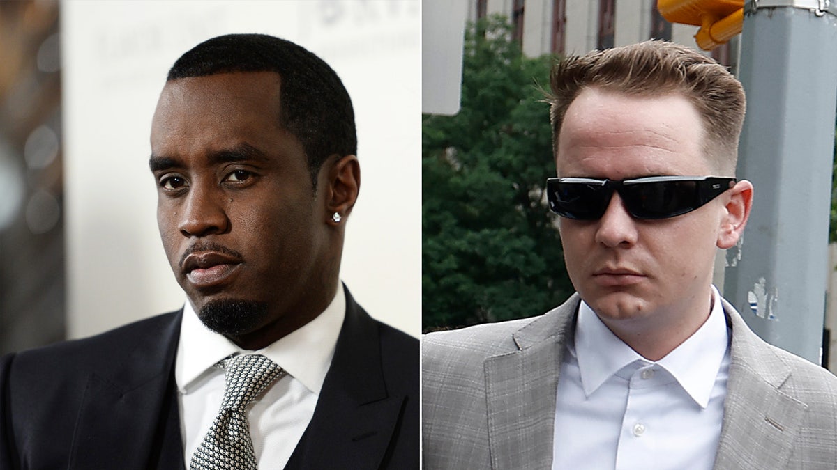 Diddy wears black suit, Brendan Paul in grey with dark glasses