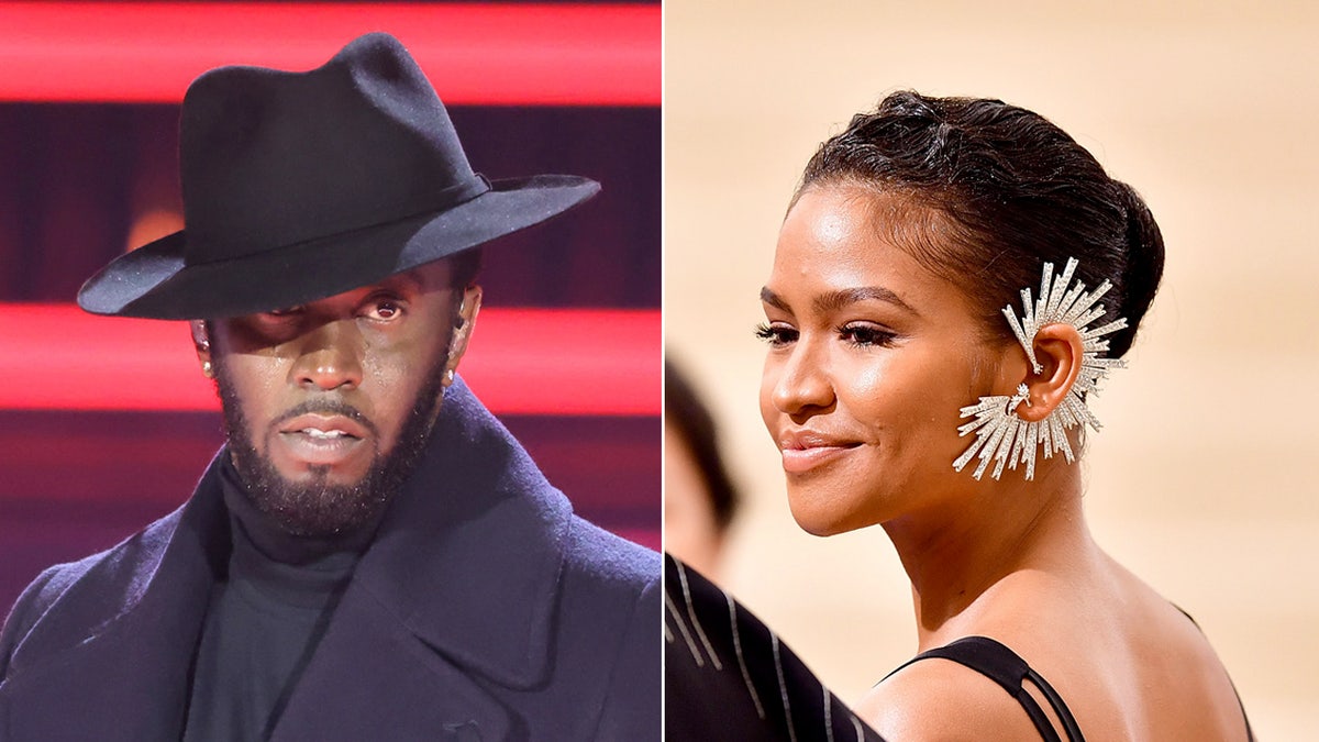 Sean Diddy Combs wears black hat and coat, Cassie Ventura sports sparkling diamond earpiece