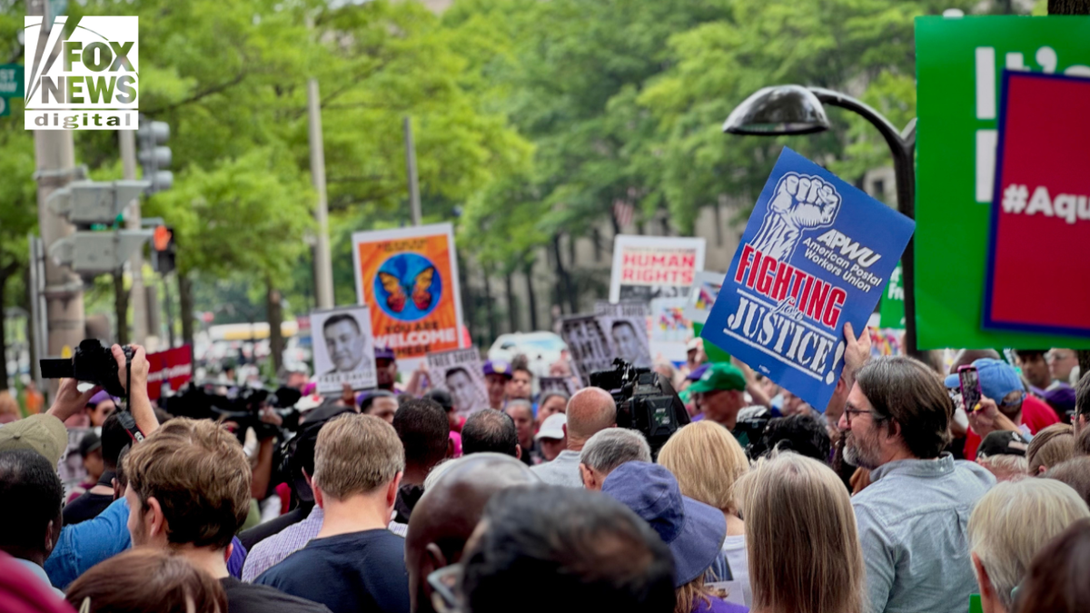 A ample assemblage of protesters gathers successful Washington, D.C., holding colorful signs supporting migrant rights, national solidarity, and quality rights during a objection against President Trump’s migration crackdown.