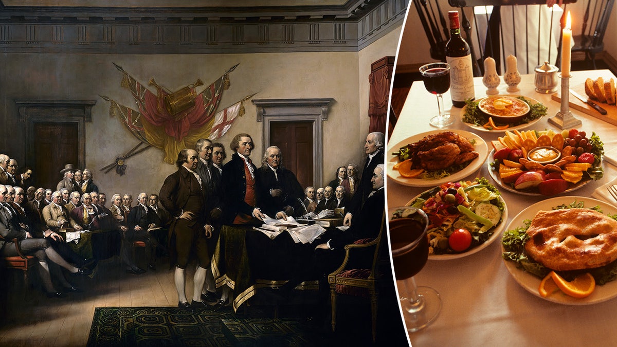 Split image of Founding Fathers, recreation of colonial meal