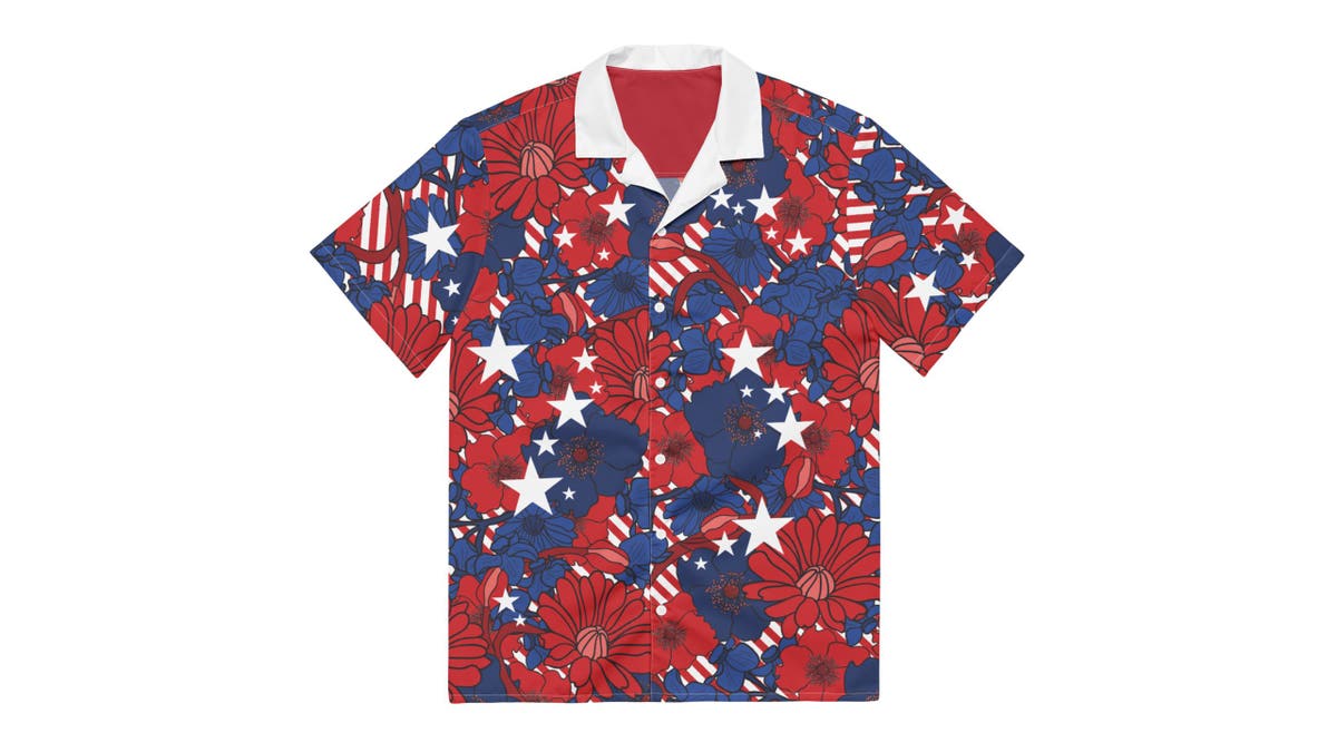 Stay stylish and show your love for America with a red, white and blue Hawaiian shirt.