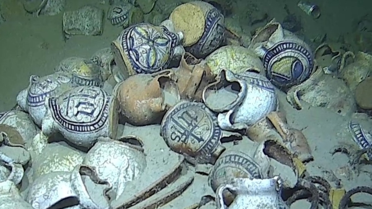 Close-up of underwater pottery