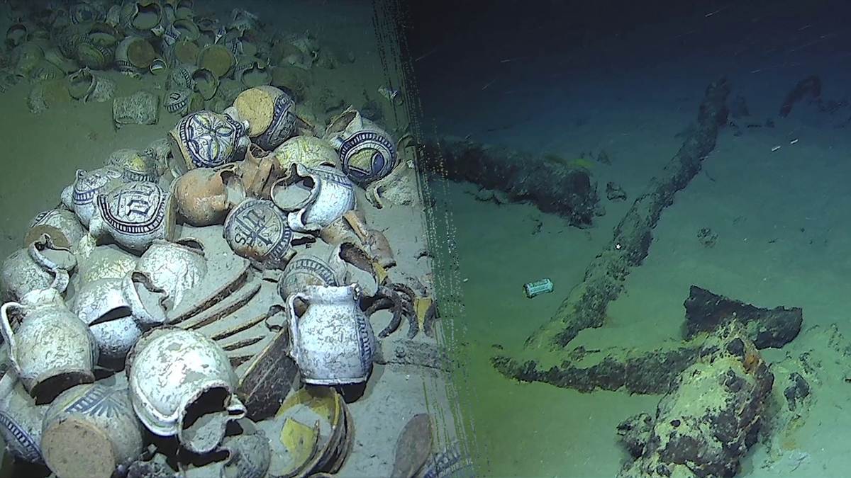 Split image of pottery, anchor