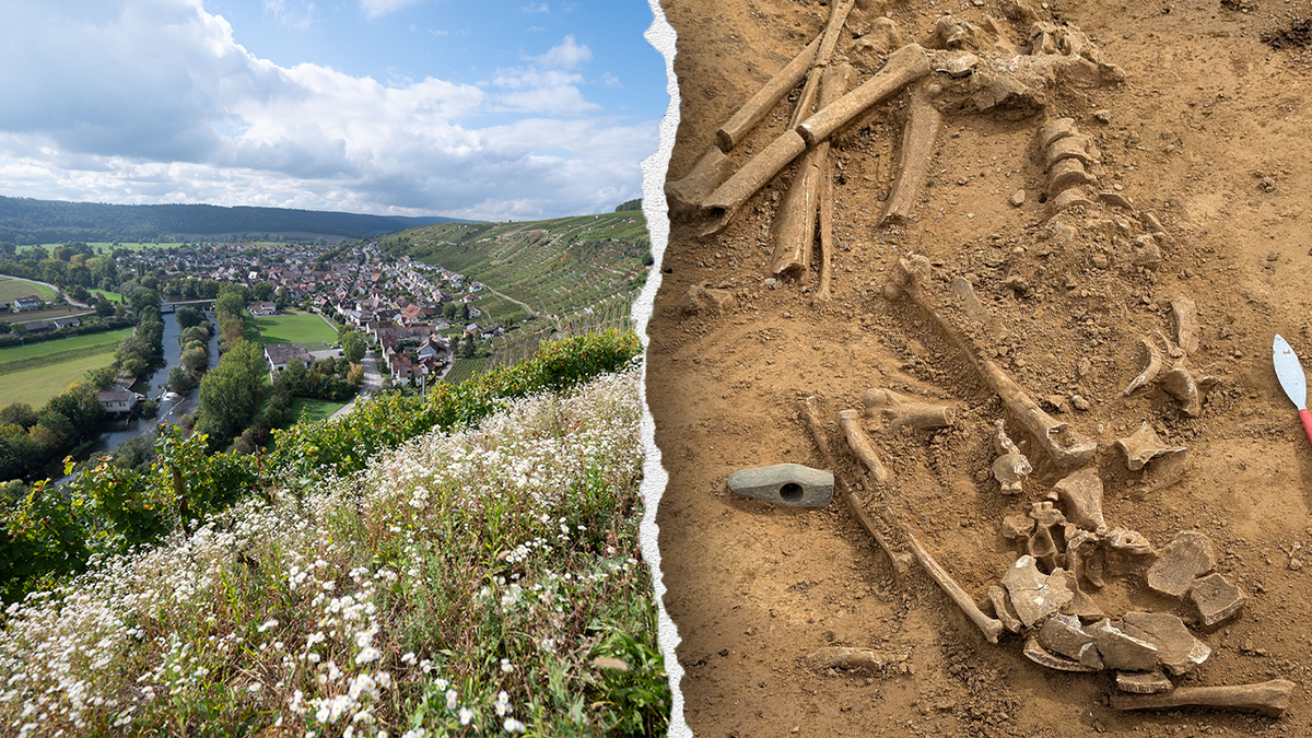 Mysterious grave of woman and girl from 400 B.C. discovered in idyllic German town Split image of town, grave discovery
