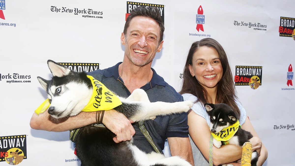 Hugh Jackman and Sutton Foster holding dogs and smiling.