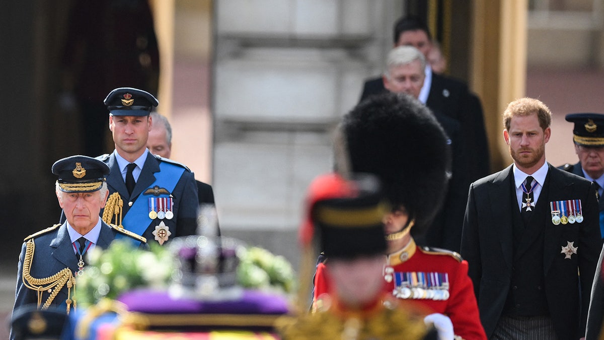 King Charles and Prince William walking together and separate from Prince Harry at Queen Elizabeth II's funeral.