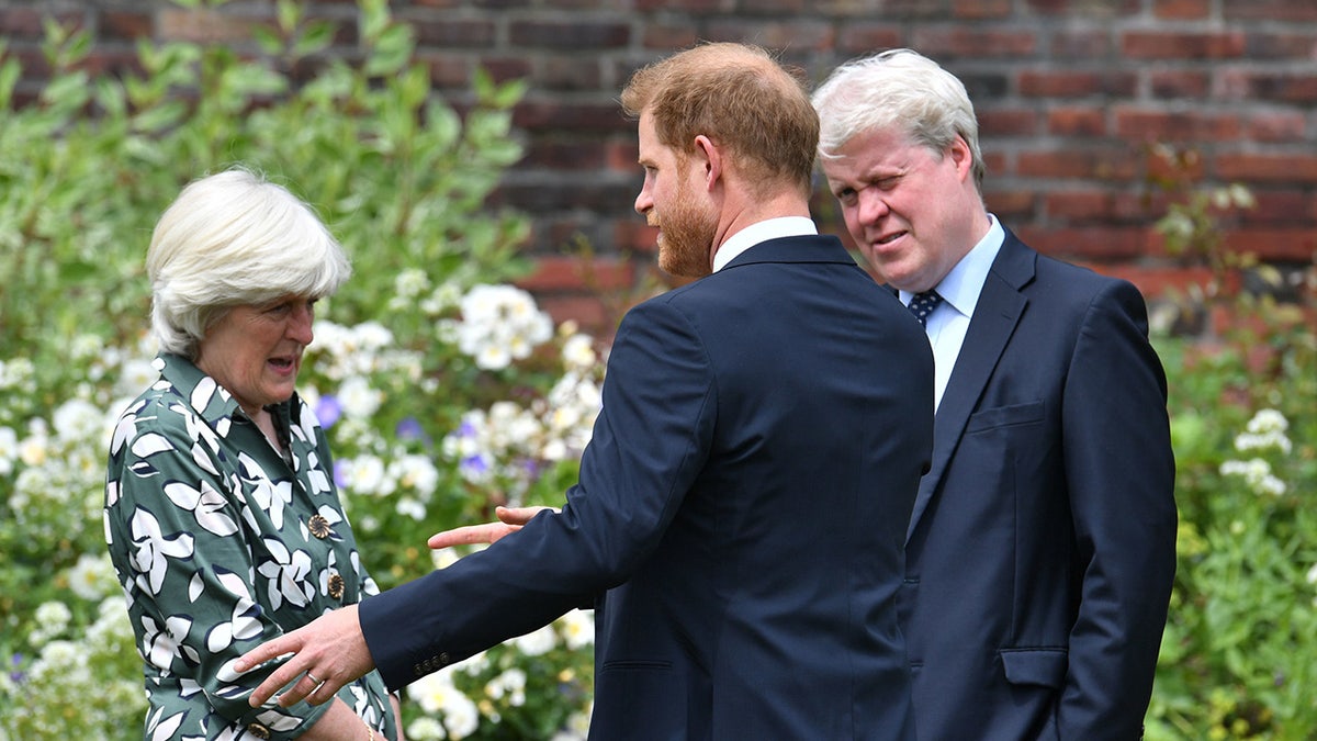 Prince Harry chatting with his aunt an uncle in a garden.