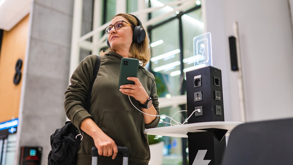 Woman charging her phone at airport