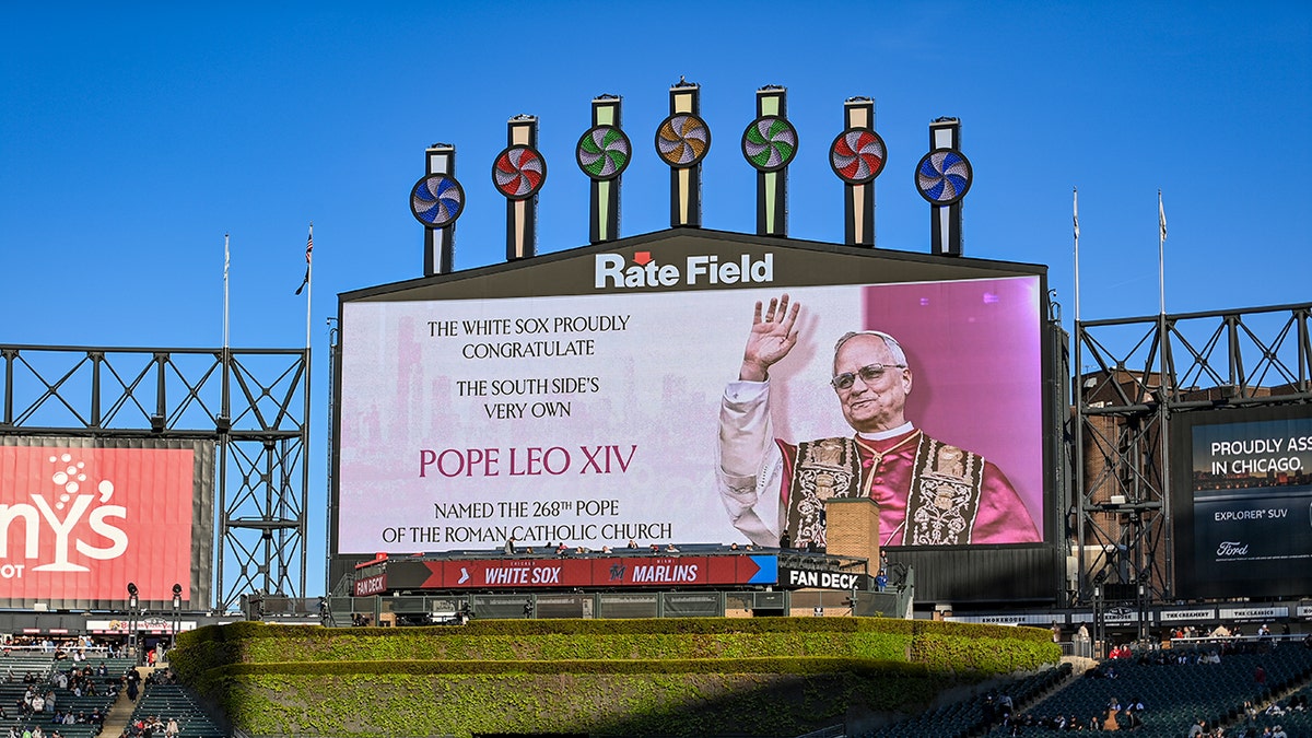 Congratulations message for Pope Leo XIV at Chicago baseball field