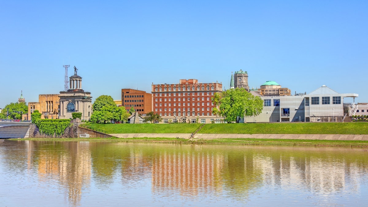 A view of downtown Hamilton, Ohio, across the Great Miami River.