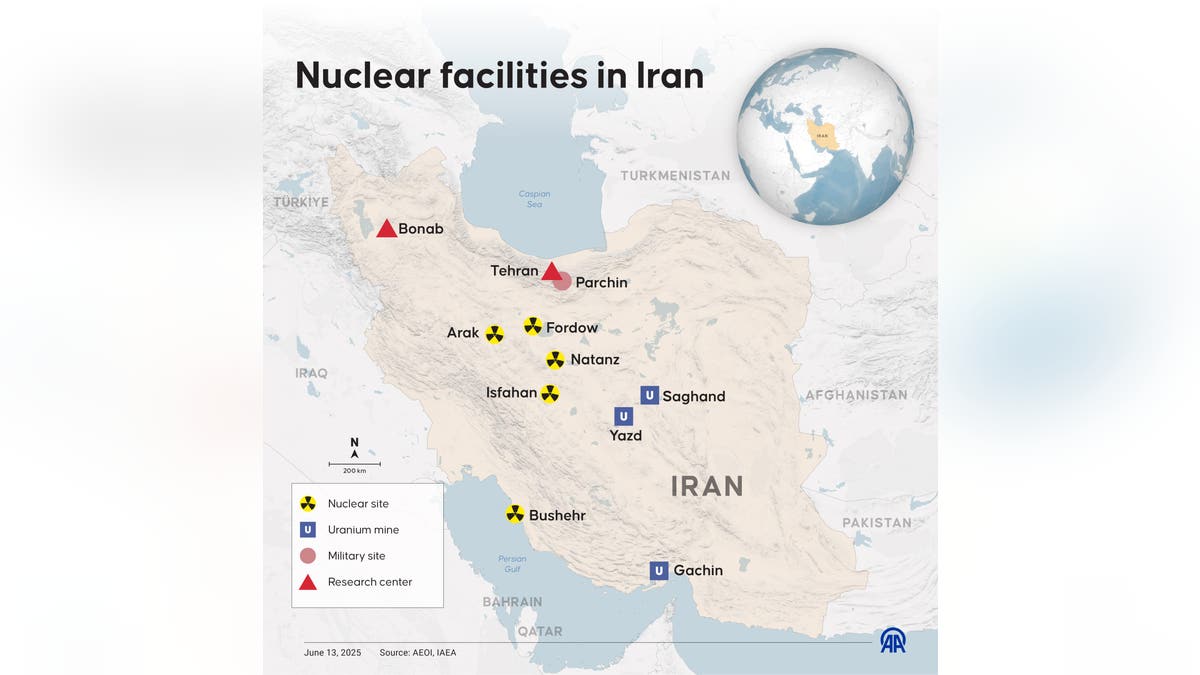An infographic titled, "Nuclear facilities successful Iran" was created successful Istanbul, Turkey connected June 13, 2025. (Photo by Ufuk Celal Guzel/Anadolu via Getty Images)