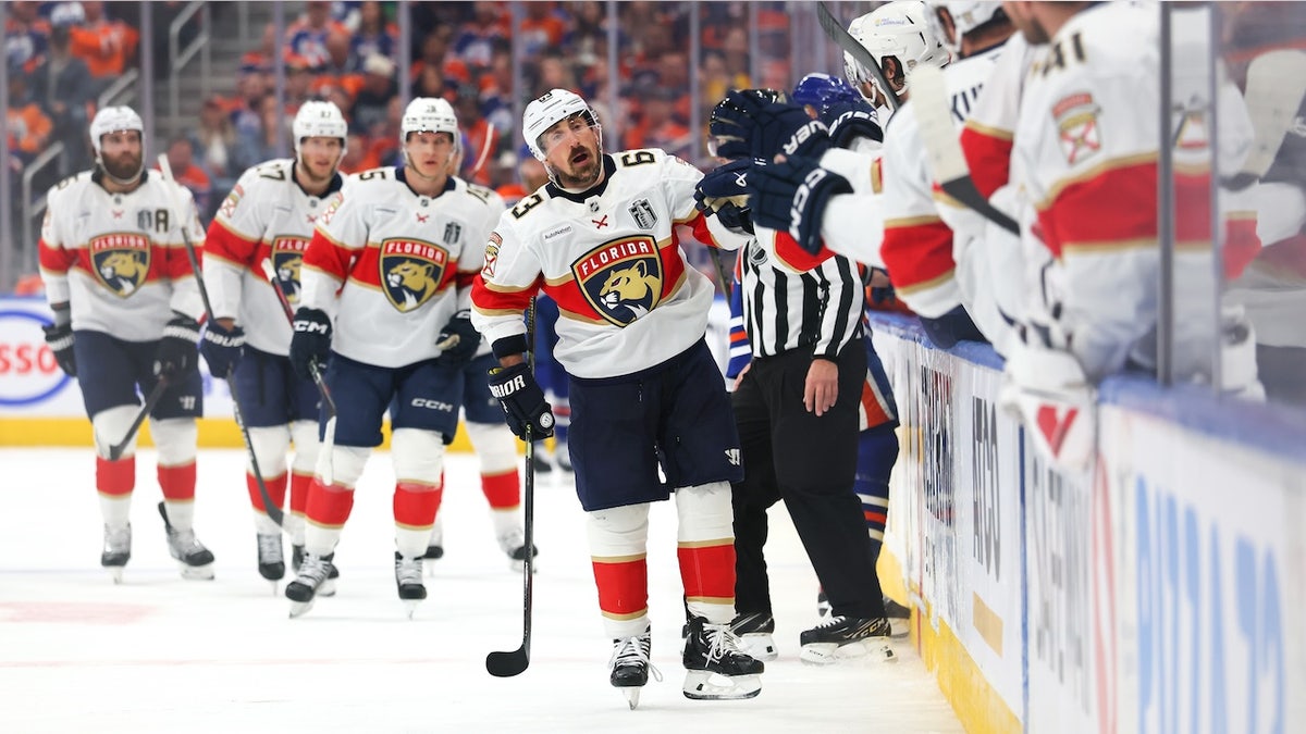 Brad Marchand #63 of the Florida Panthers celebrates a goal against the Edmonton Oilers with teammates on the bench during the first period in Game Five of the 2025 Stanley Cup Final at Rogers Place on June 14, 2025 in Edmonton, Alberta, Canada.