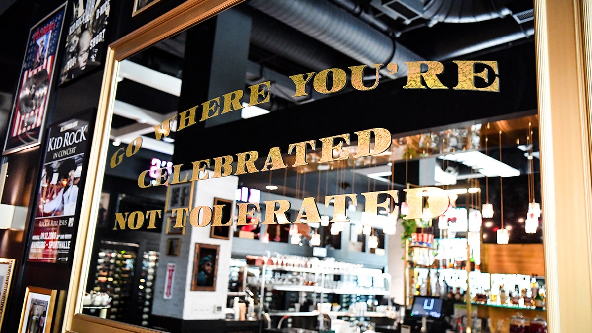 Writing on a mirror at Kid Rock's The Detroit Cowboy restaurant in Nashville, Tennessee, reads, "Go Where You're Celebrated Not Tolerated."