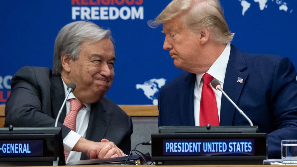 President Donald Trump shakes hands with UN Secretary General Antonio Guterres (L) as he attends a United Nations event on Religious Freedom at UN Headquarters in New York, Sept. 23, 2019, during his first term in office.