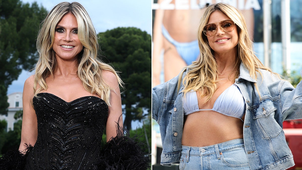 Heidi Klum in a black dress split with her in a blue bikini and jeans.